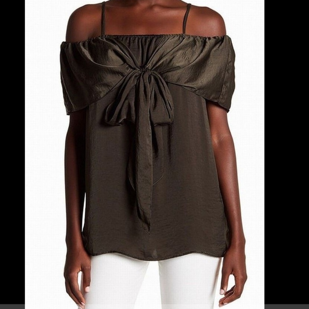 Pleione Green Cold-Shoulder Tie-Front Blouse